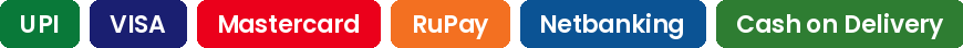 UPI, Credit/Debit Cards, Netbanking, Cash on Delivery
